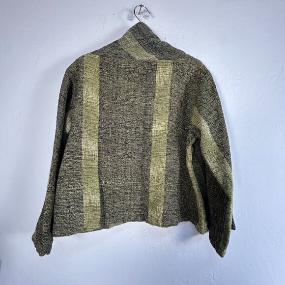 Yasuko Kurisaka Womens Sweater Jacket Olive Handwoven Mock Neck Pockets Artsy OS - Picture 2 of 9